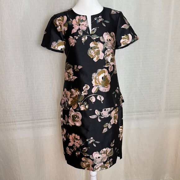 J. Crew 2-4 Black Pink Floral Pencil Skirt Back Zip Short Sleeve Top Suit Set - Picture 1 of 17